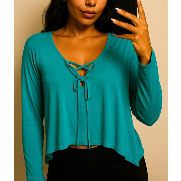 Teal Lace-Up Front Long Sleeve Top Size Small - Picture 1 of 9